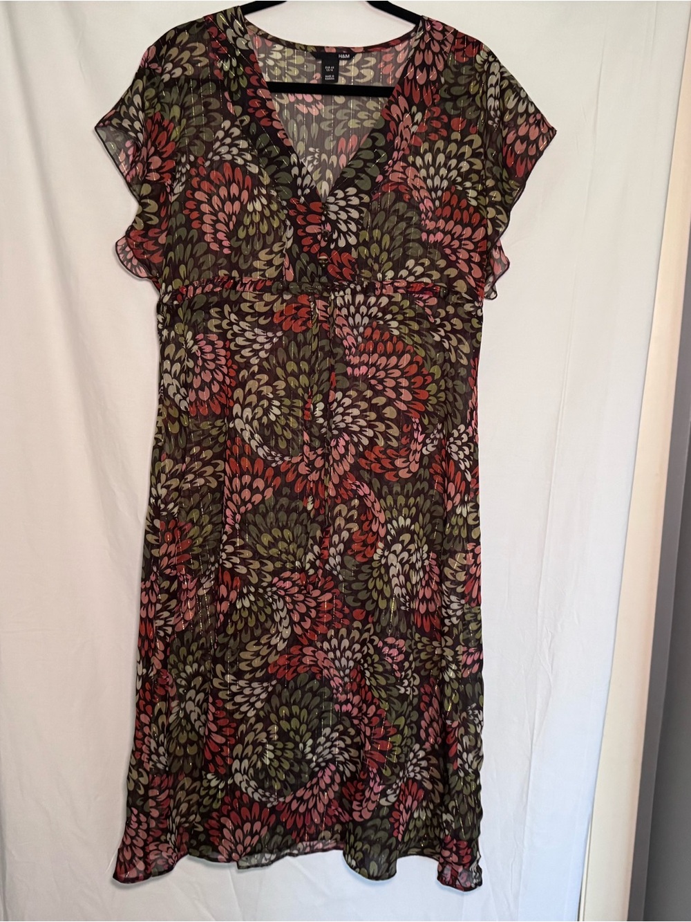 HM Metallic Pinstripe Feather Print Midi Dress 14 V-Neck Boho Chiffon Multi